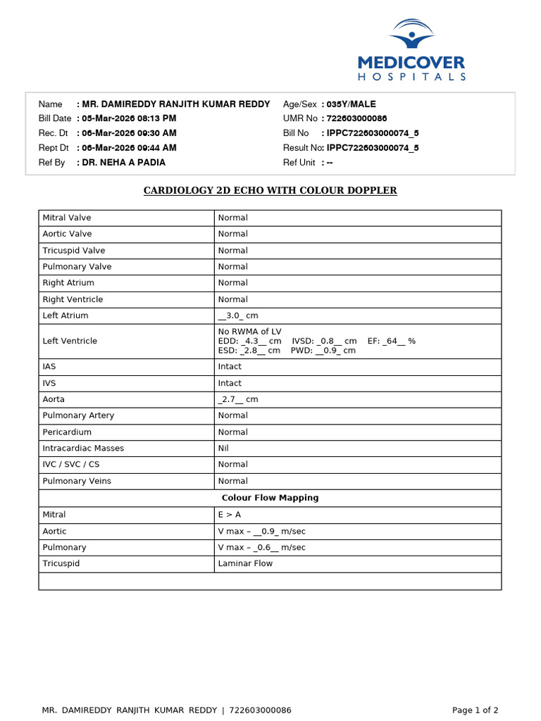 2d Echo Report of Ranjith Reddy | PDF