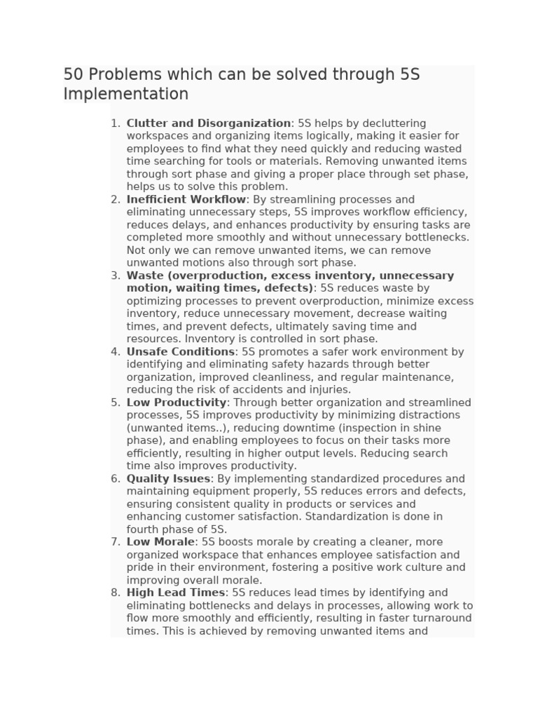50 Problems which can be solved through 5S Implementation | PDF ...