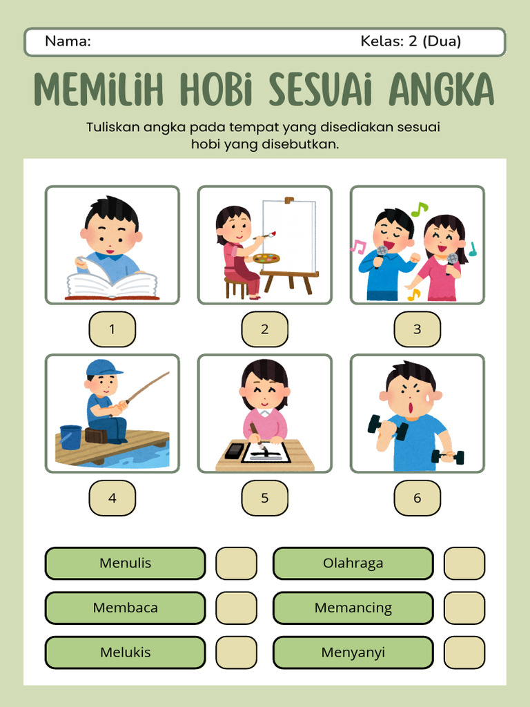 Lembar Kerja Memilih Hobi Sesuai Angka Dalam Gaya Ilustratif Hijau Dan ...