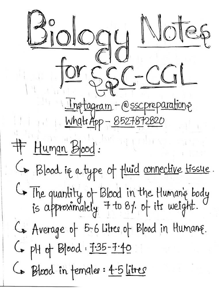 Human Blood - Biology Handwritten Notes for SSC CGL 2024 | PDF