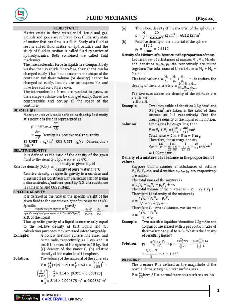 Sheet - 01 _ Fluid Mechanics_775694_crwill | PDF | Buoyancy | Pressure