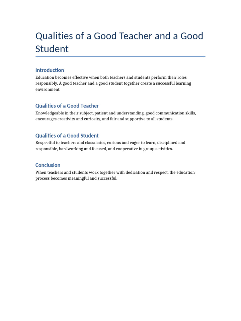Qualities of a Good Teacher and Good Student | PDF