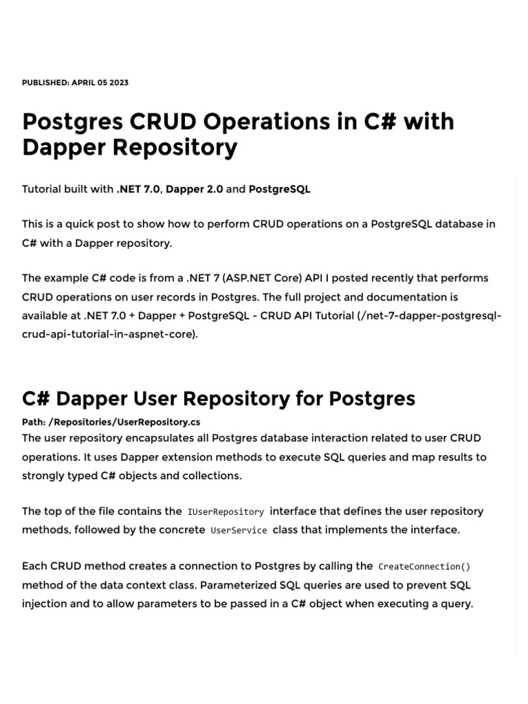 Postgres CRUD Operations in C# With Dapper Repository | PDF | Postgre ...