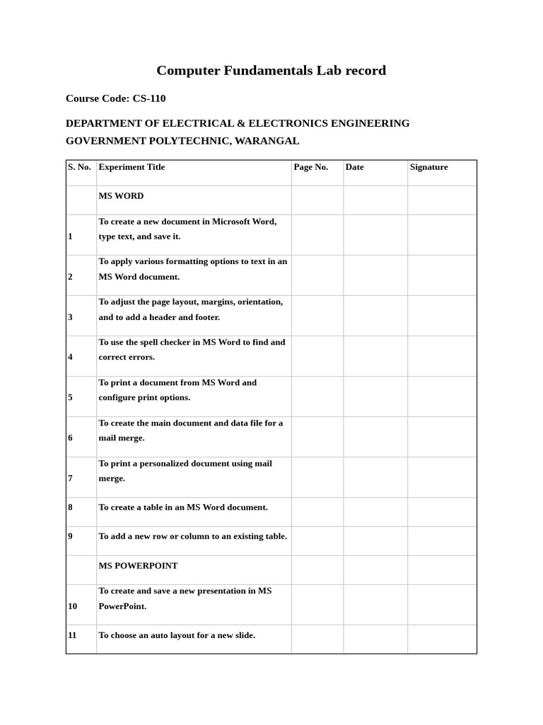 Computer Fundamentals Lab Record | PDF | Microsoft Word | Personal ...