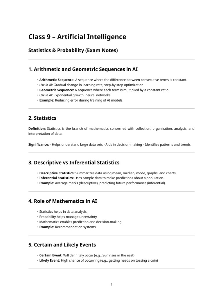 Class 9 Ai - Statistics & Probability Exam Notes | PDF | Statistics ...