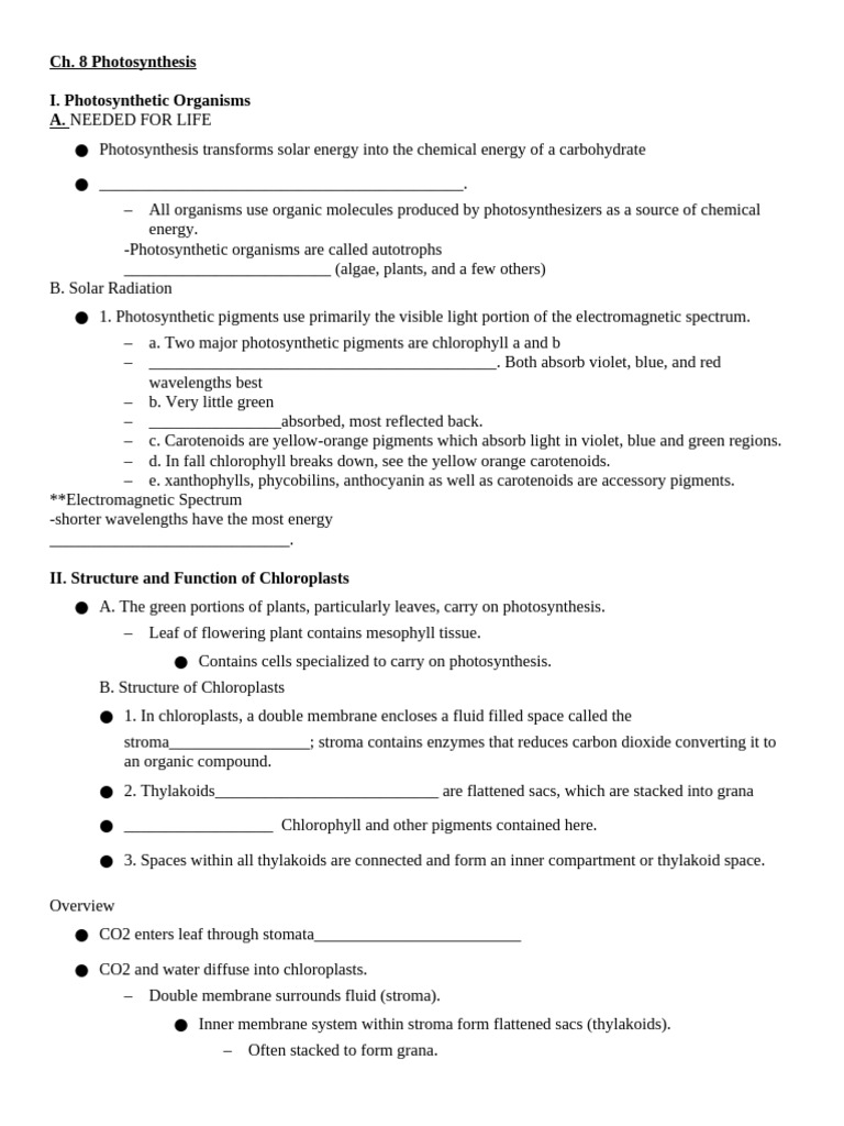 CH 8 Bio 103 Fill in Notes | PDF | Photosynthesis | Biochemistry