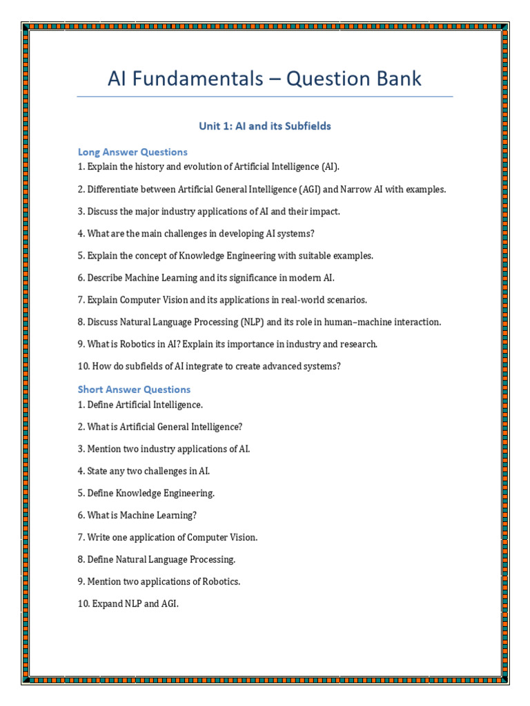 AI Fundamentals Question Bank | PDF | Artificial Intelligence ...