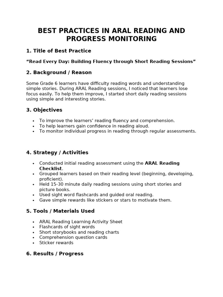 Best Practices in Aral Reading and Progress Monitoring (Mia) | PDF