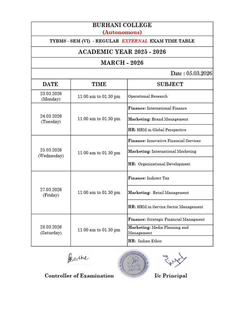 Sem - Vi Regular Exam Time Table March - 2026 | PDF | Accounting ...