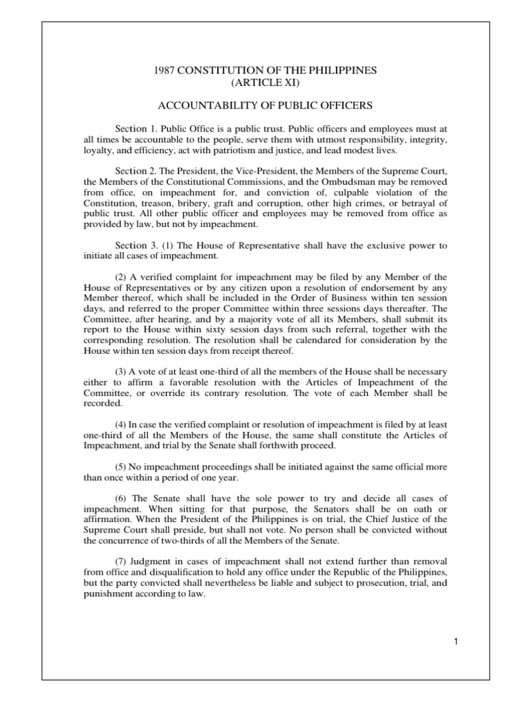 Article XI 1987 Philippine Constitution | PDF | Impeachment | Legal ...