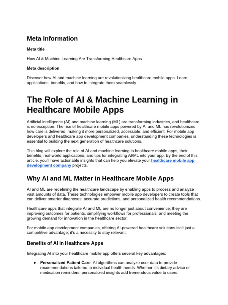 The Role of AI & Machine Learning in Healthcare Mobile Apps | PDF ...