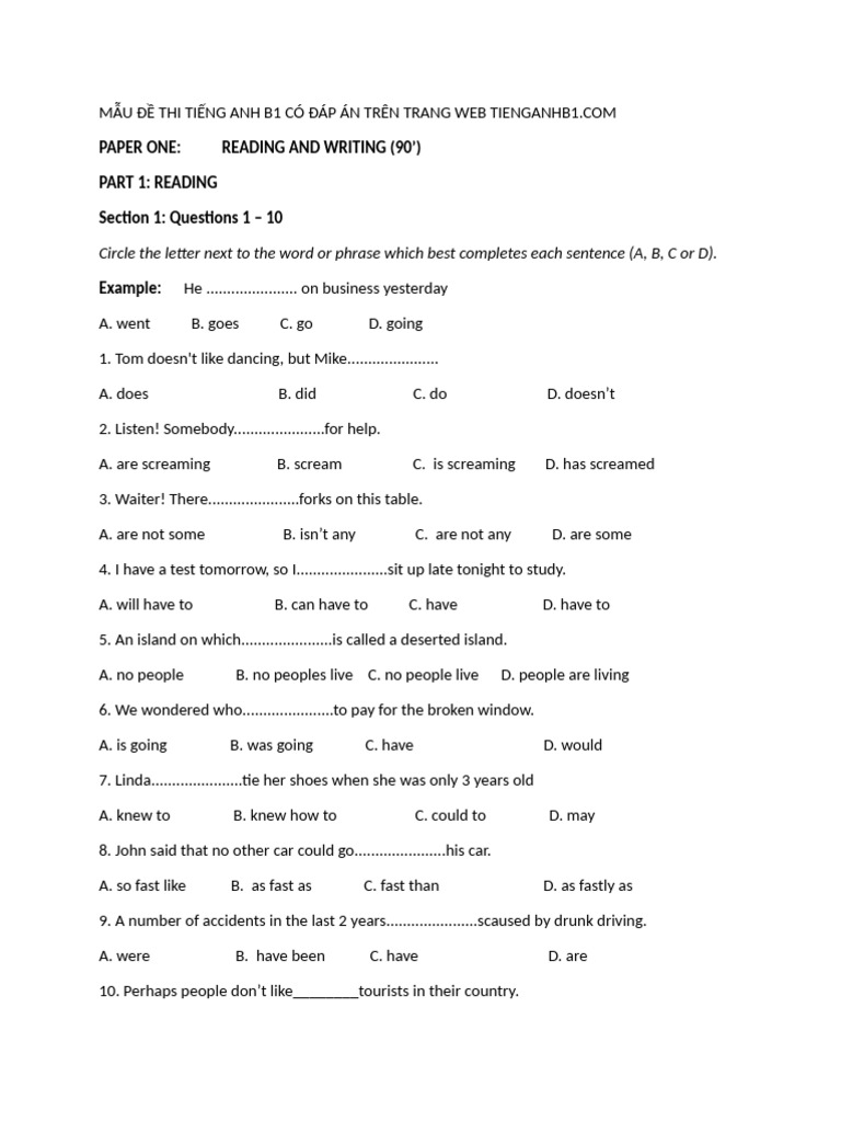 Đề mẫu B1 | PDF