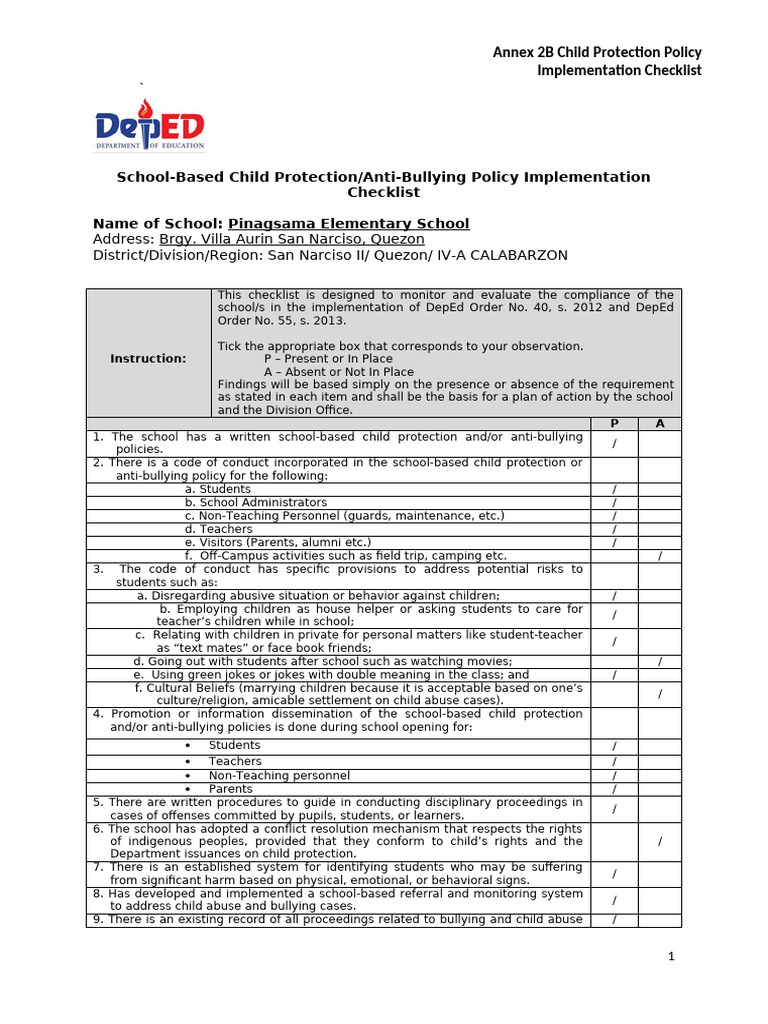 SIP Annex 2b Child Protection Policy Implementation Checklist | PDF ...
