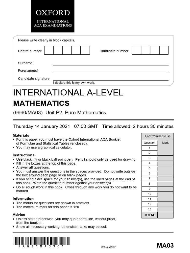 A Level Maths Question Paper Unit 3 Jan21 | PDF | Cartesian Coordinate ...