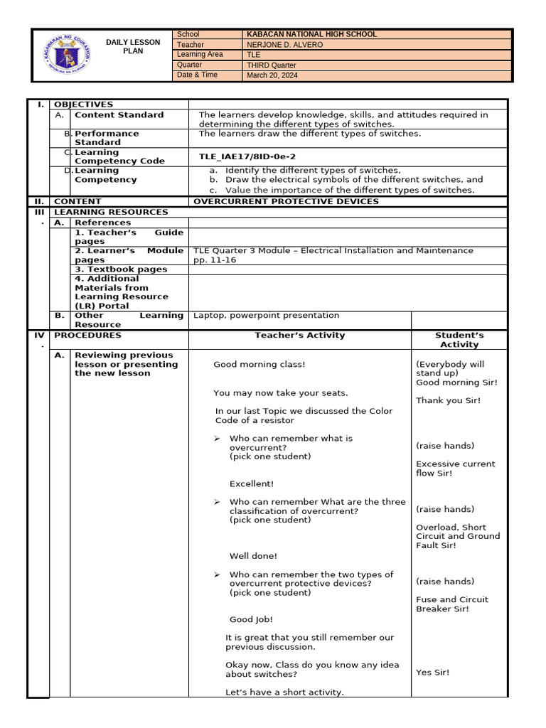 Lesson Plan - 03 20 24 | PDF | Switch | Lighting