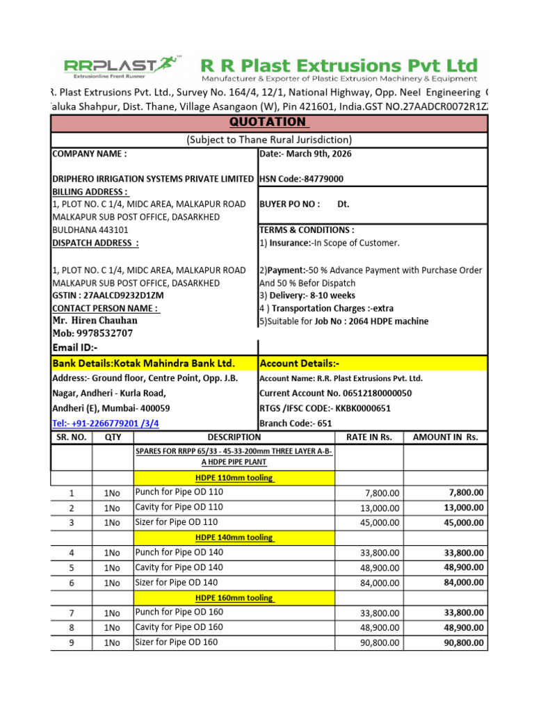DRIPHERO IRRIGATION Quotation for HDPE Pipe Machine Tooling Date- 09.03 ...