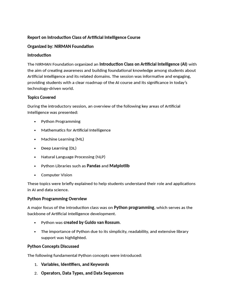 Report on Introduction Class of Artificial Intelligence Course | PDF ...