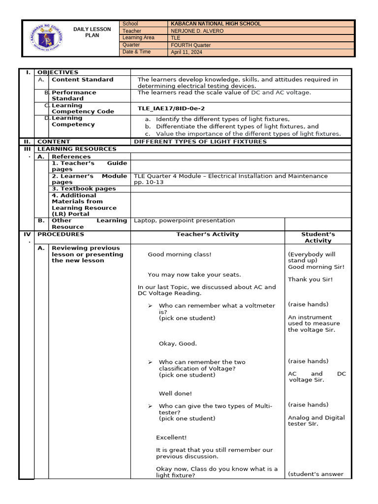 Lesson-Plan_04-11-24 | PDF | Lighting | Voltage
