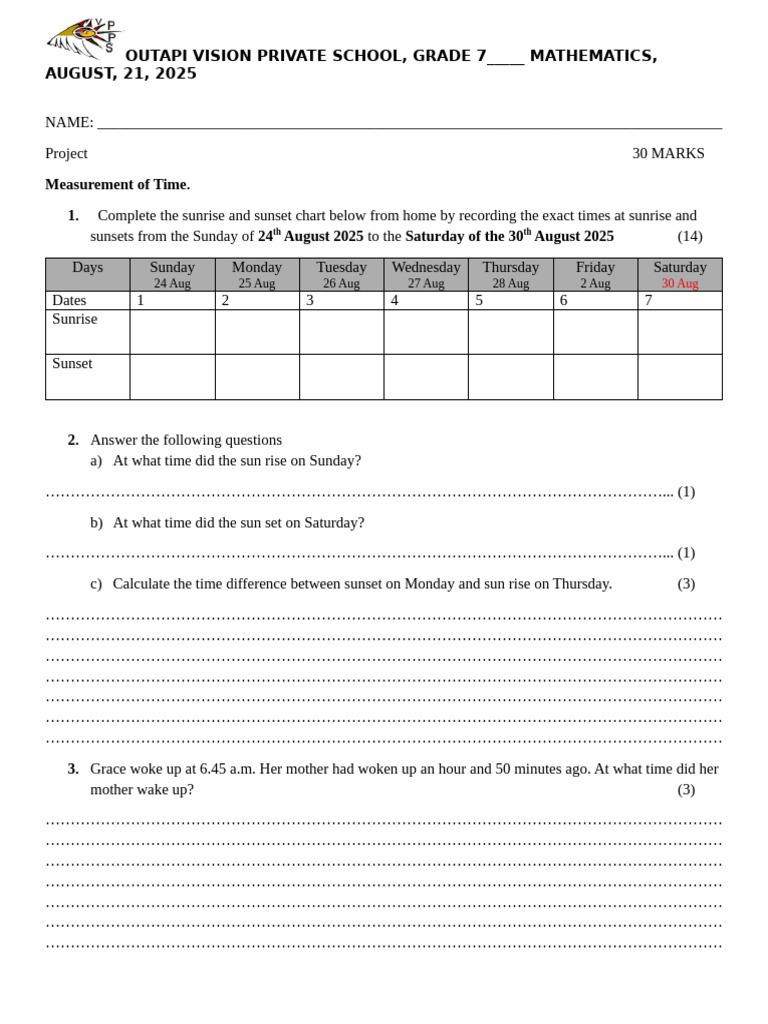 Math Project Grade 7 TIME | PDF | Sunset | Sun