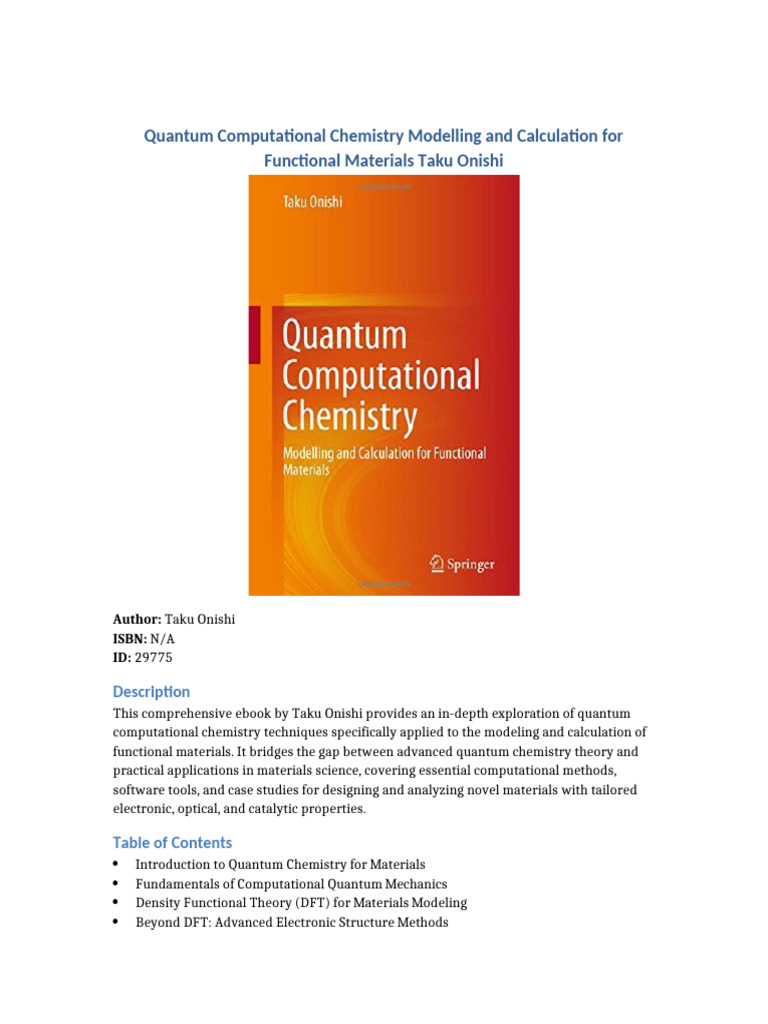 Quantum Computational Chemistry Modelling and Calculation for ...