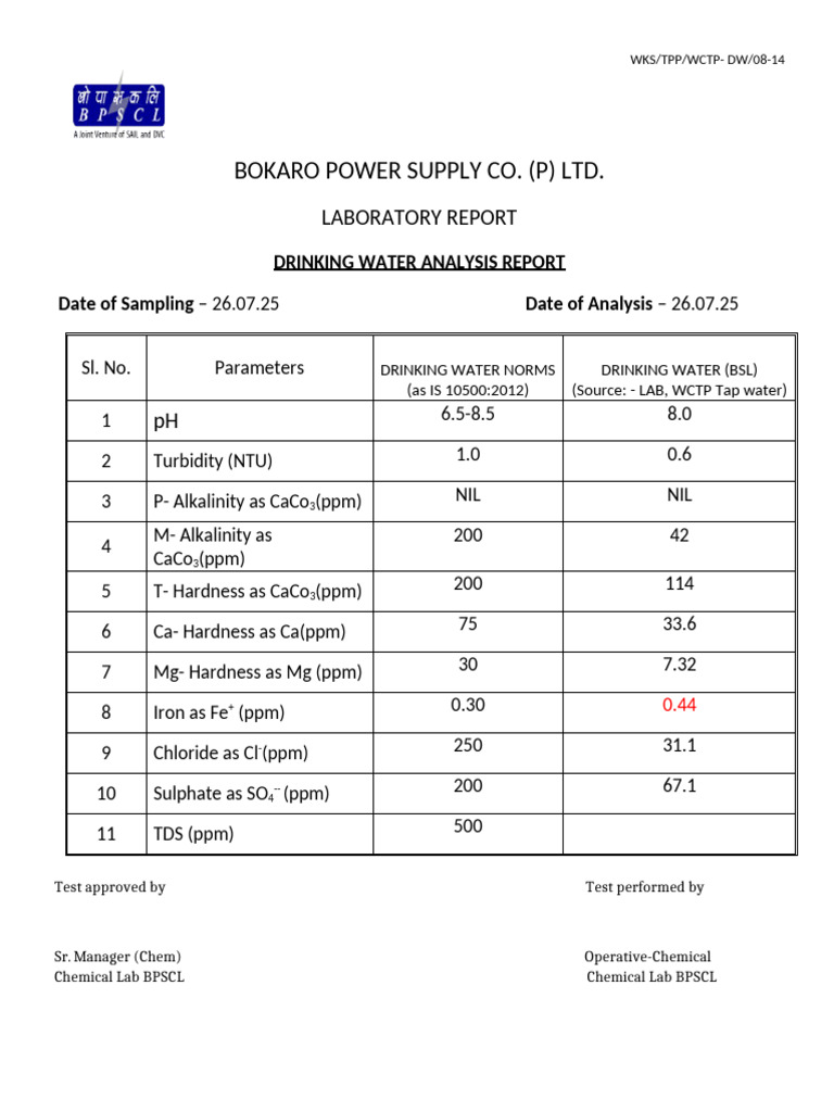 Drinking Water Analysis (Total) Report 26.07.25 | PDF