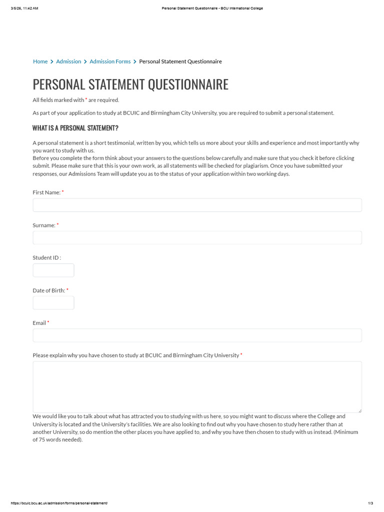 Personal Statement Questionnaire - BCU International College | PDF