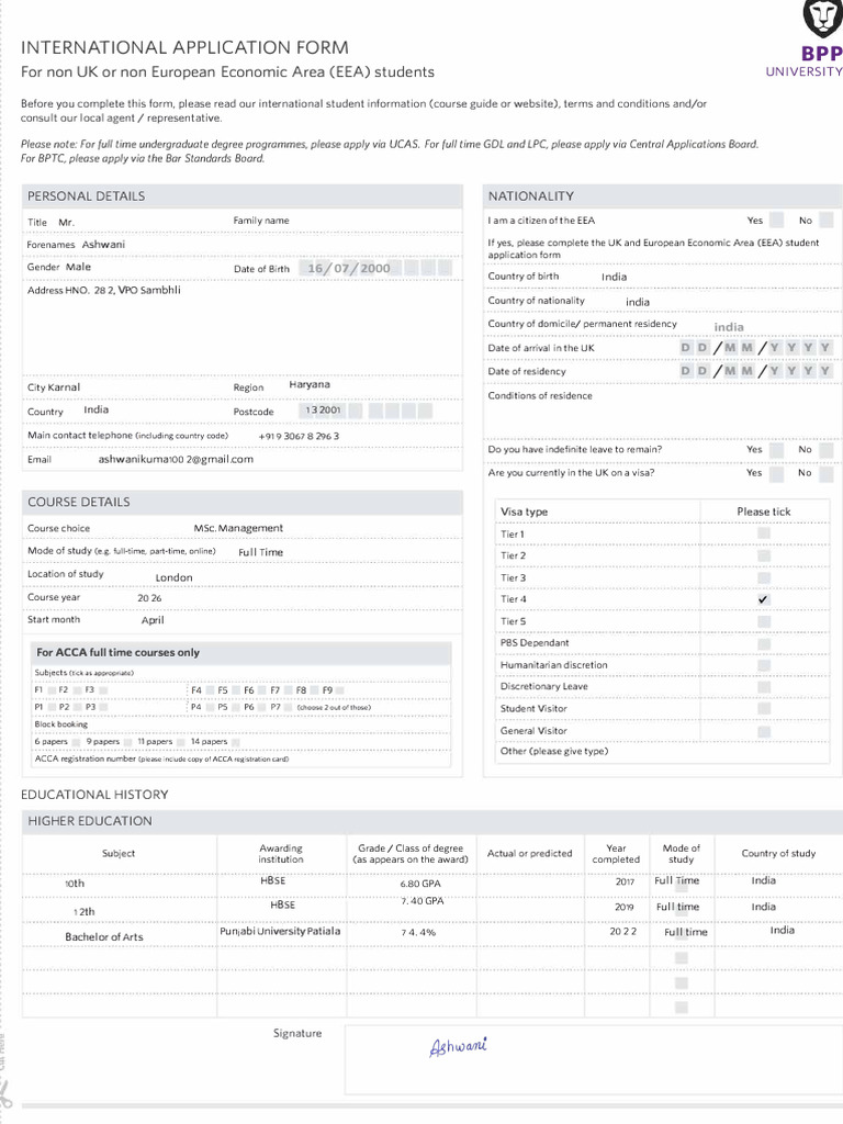 BPP Application Form Ashwani | PDF | Human Migration | International Law