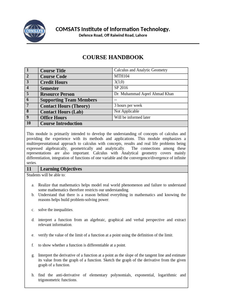Course Handbook MTH 104 CAG | PDF | Integral | Derivative