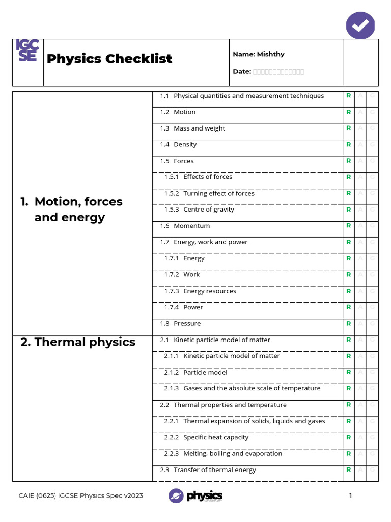 IGCSE Physics Checklist v2023 | PDF
