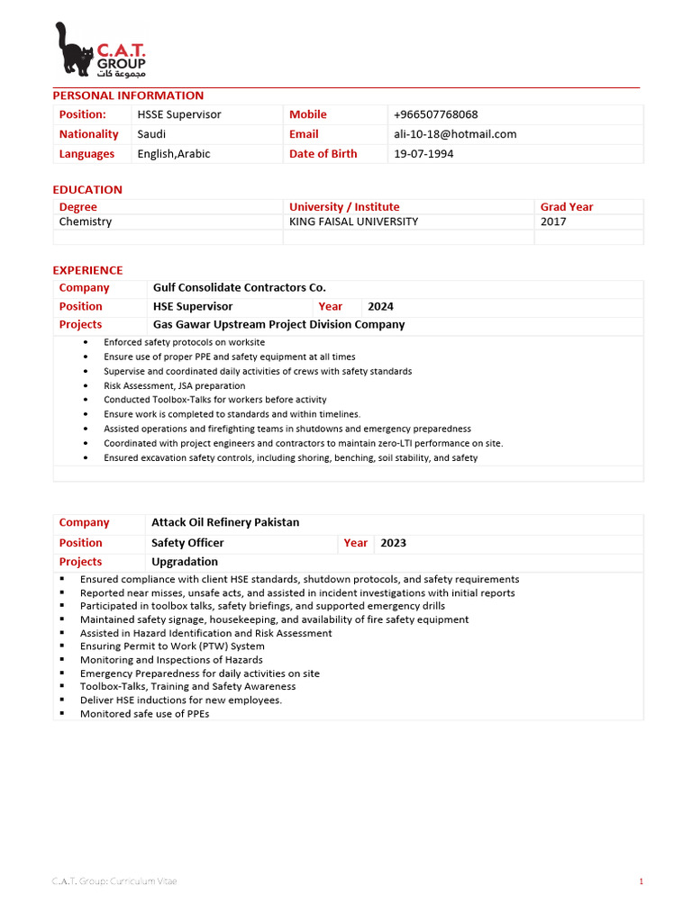 CV Format | PDF | Occupational Safety And Health | Safety