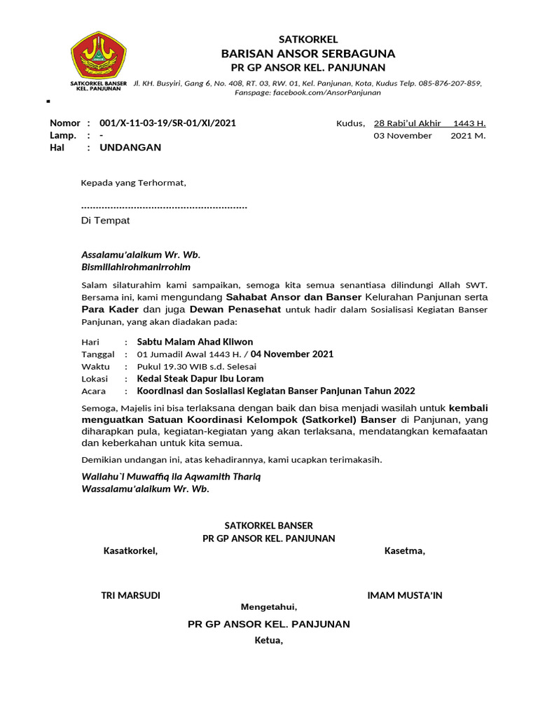 Contoh Surat Undangan Internal Banser Ranting | PDF