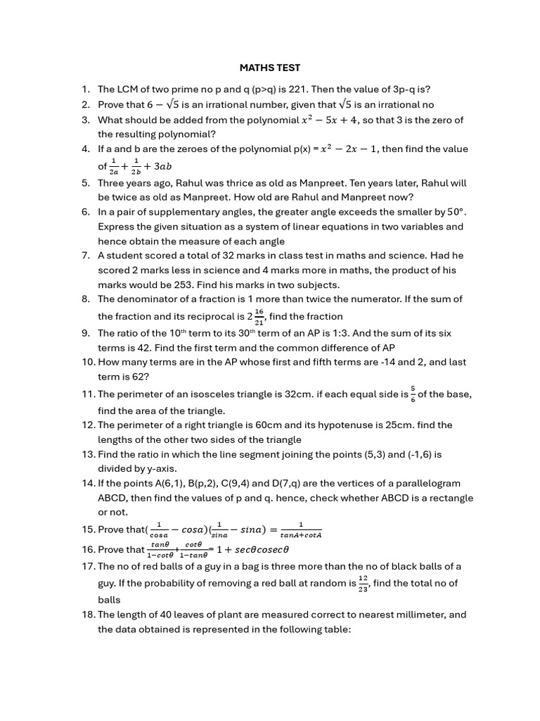 Maths Test (1) | PDF | Area | Mathematics