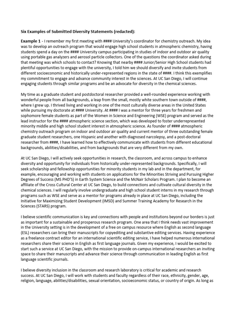 Examples Submitted Diversity Statements | PDF | Science, Technology ...