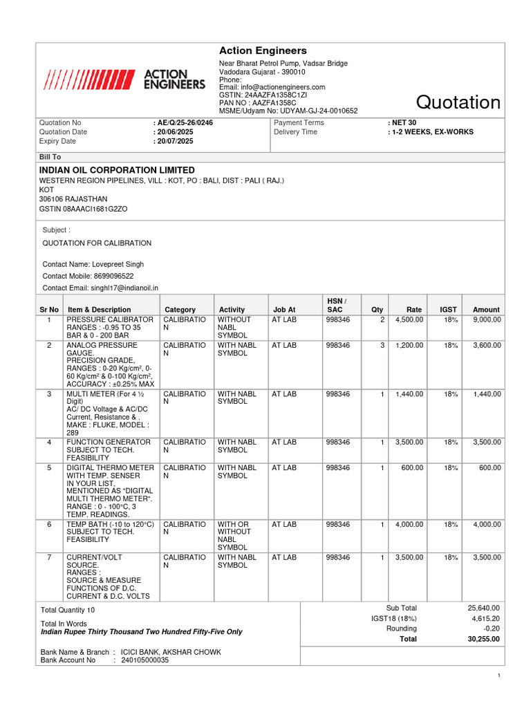 Action Engineering Quotation | PDF | Calibration