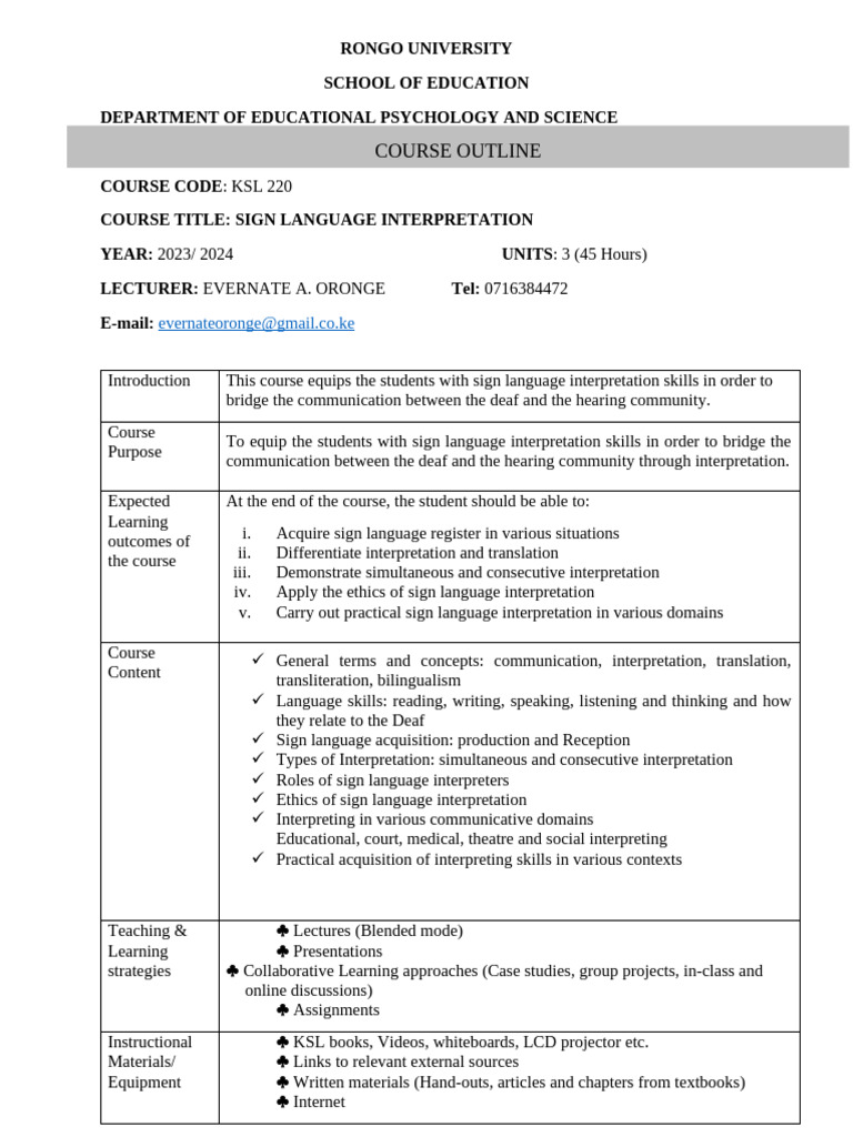 KSL 220 Course Outline-2 | PDF | Language Interpretation | Sign Language
