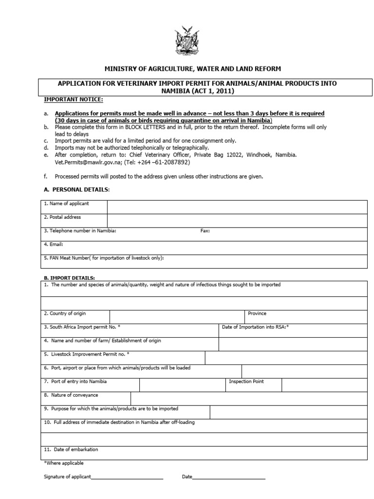 Veterinary Import Application Form | PDF | Namibia | Veterinary Medicine
