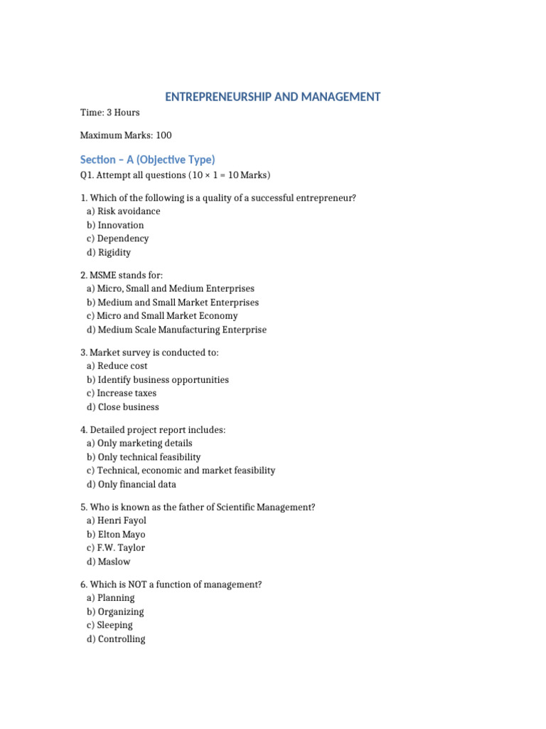 Entrepreneurship and Management Question Paper | PDF