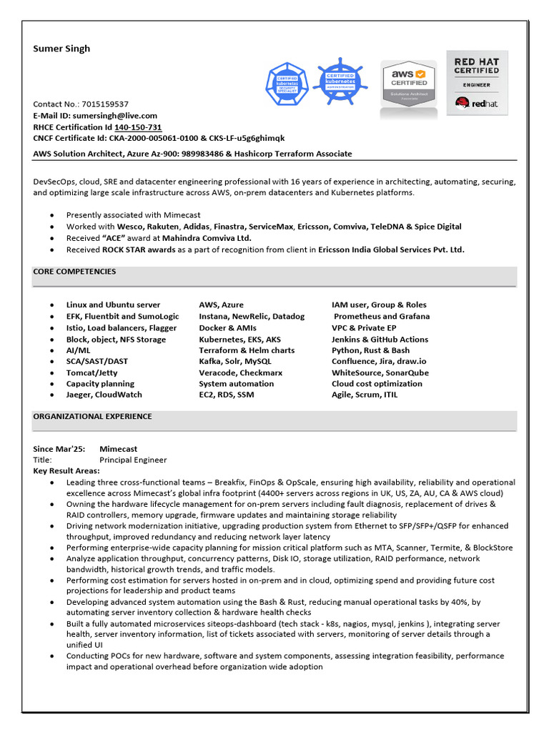 Sumer Singh 16yrs Mimecast Bangalore | PDF | Cloud Computing | Computing