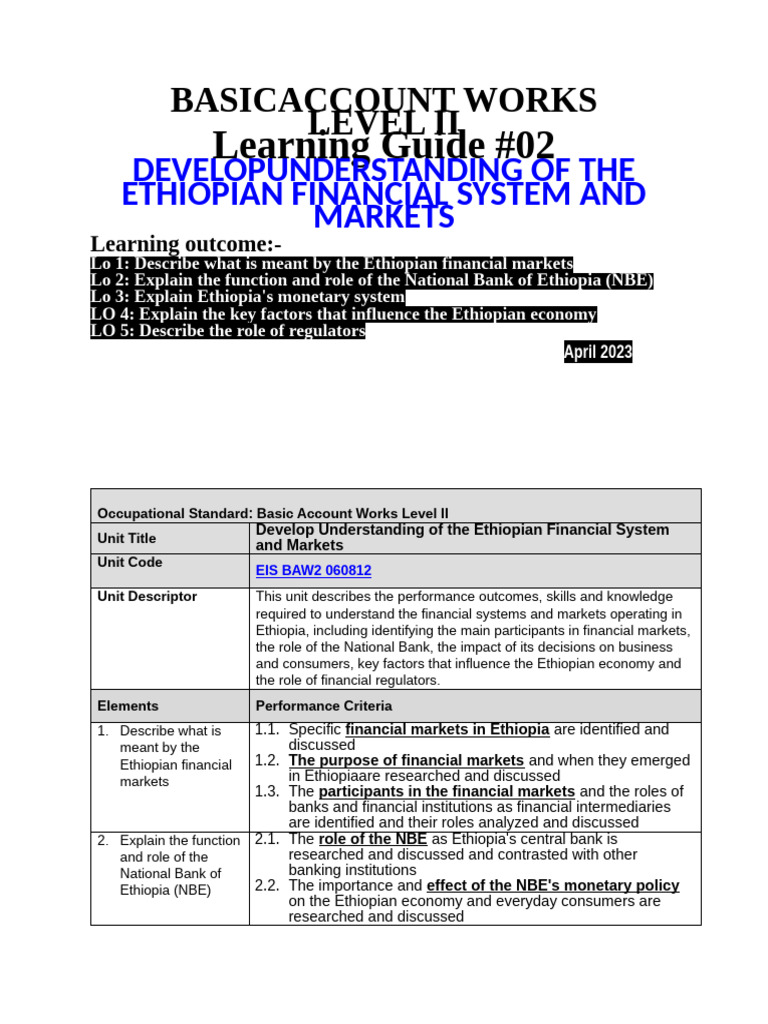 Develop Understanding of The Ethiopian Financial System and Markets ...