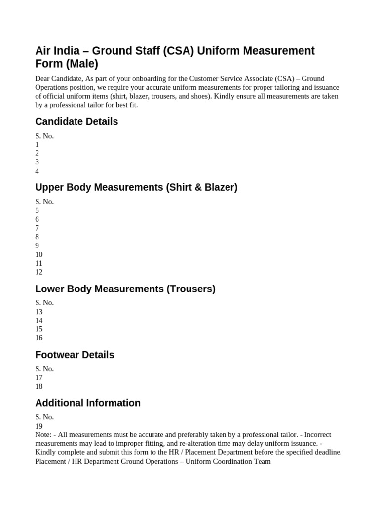 CSA Male Uniform Measurement Form | PDF