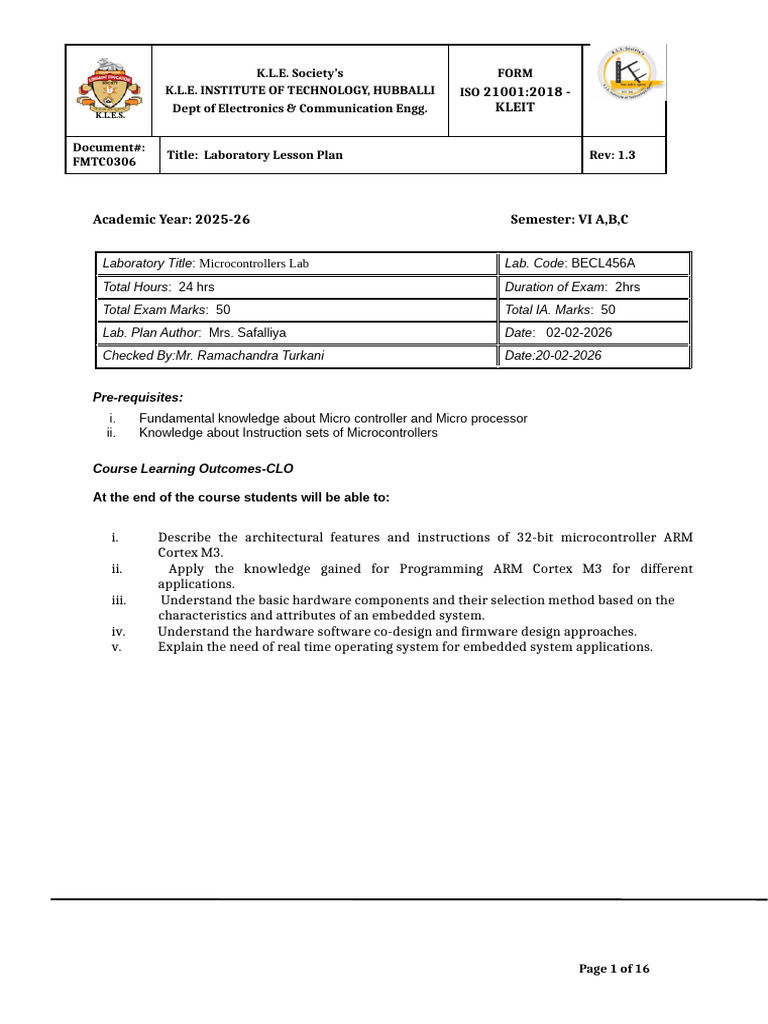 MC Lab Lesson Plan | PDF | Assembly Language | Microcontroller