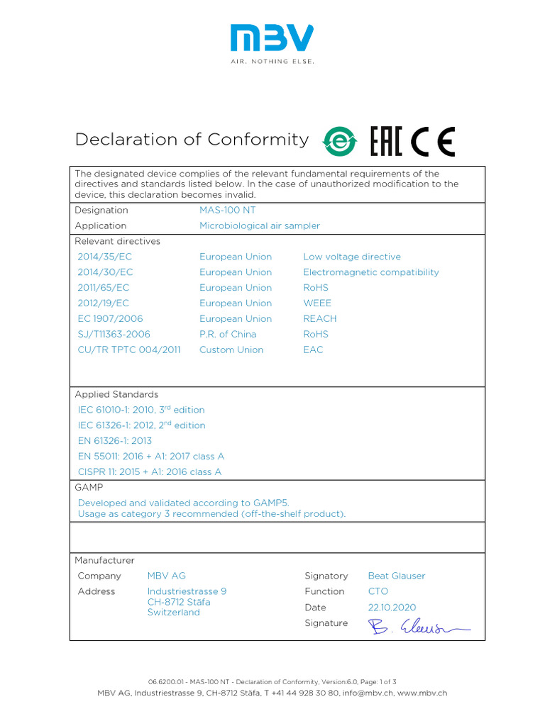 06.6200.01 - MAS-100 NT - Declaration of Conformity | PDF ...
