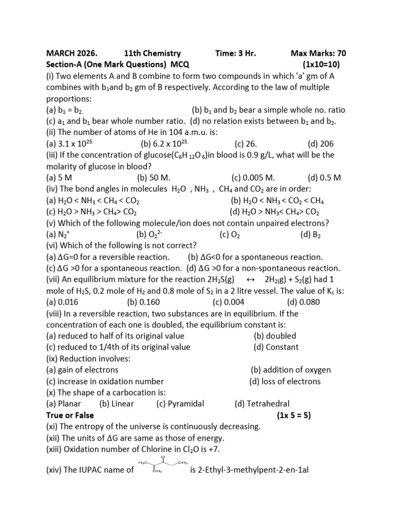 11th Chemistry March 2026 (1) | PDF | Chemical Reactions | Redox