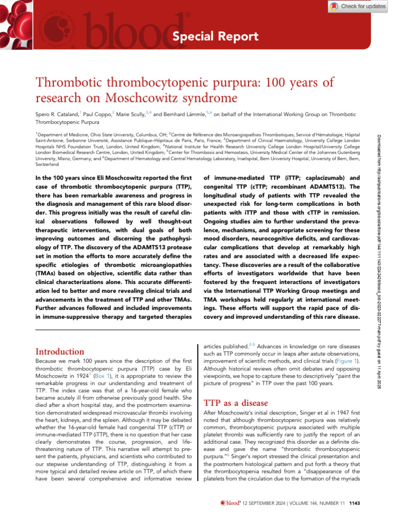 Thrombotic Thrombocytopenic Purpura - 100 Years of Research On ...