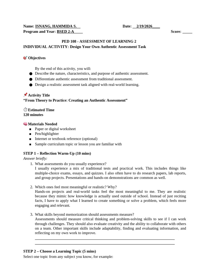 Ped 108 - Individual Activity | PDF | Educational Assessment | Learning