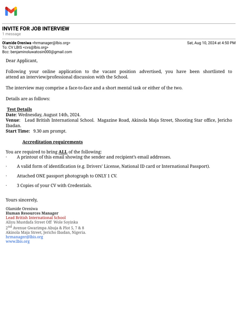 Gmail - Invite For Job Interview | PDF