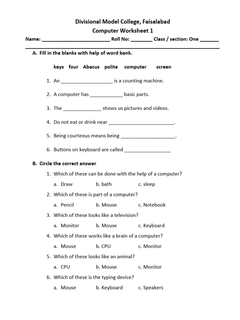 Worksheet 1 Class 1 | PDF | Computer Keyboard | Computer Science