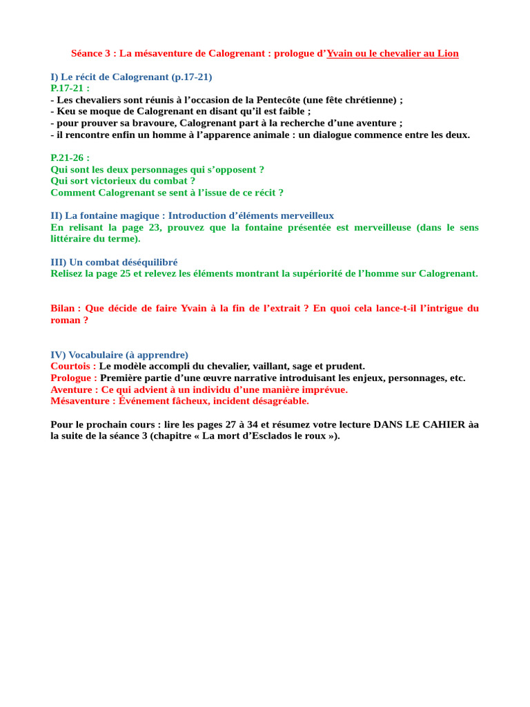 Séance 3 - Le Mésaventure de Calogrenant | PDF