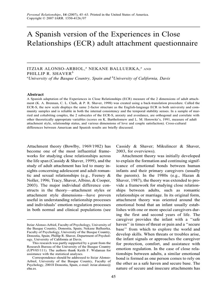 Alonso Arbiol 2007 A Spanish Version of The ECR | PDF
