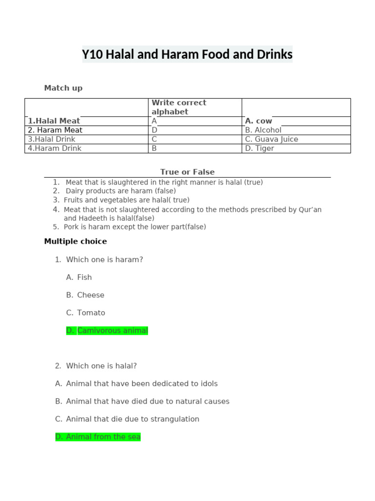 Y10 Objective Type Qs On Halal and Haram Food and Drinks | PDF